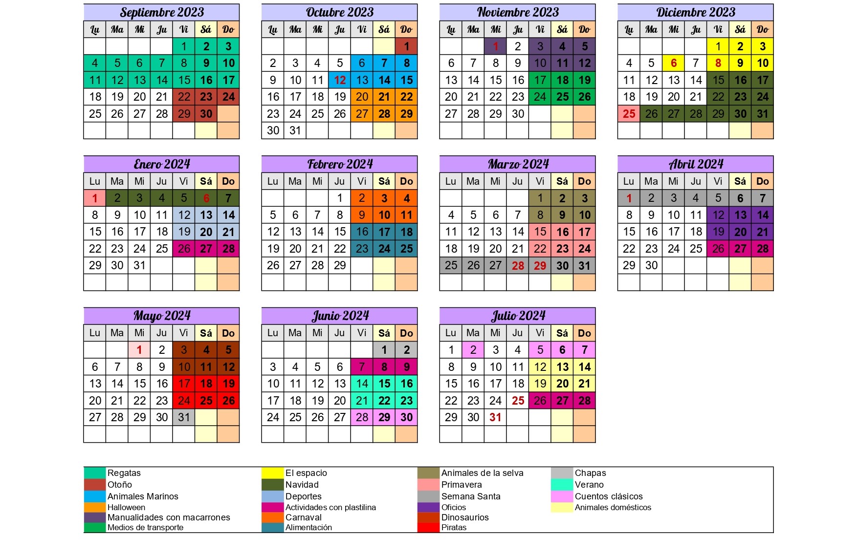 Calendario temáticas de actividades 2023-2024