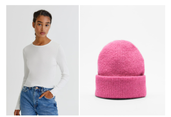 Camiseta blanca y gorro rosa