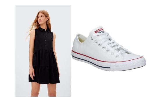 Vestido negro con volantes y zapatillas Converse